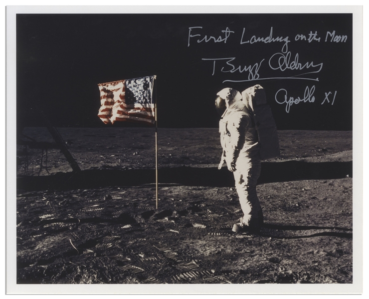 Buzz Aldrin Signed 10'' x 8'' ''First Landing on the Moon'' Photo -- Aldrin Stands in Front of the U.S. Flag on the Moon